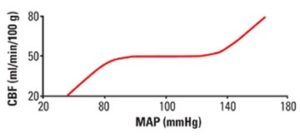 Graph 2: In states of health, cerebral blood flow (CBF) is maintained relatively constant over a wide range of mean arterial pressures. This autoregulation disappears after a traumatic insult to the brain and CBF becomes directly dependent on blood pressure and is no longer able to be kept constant.